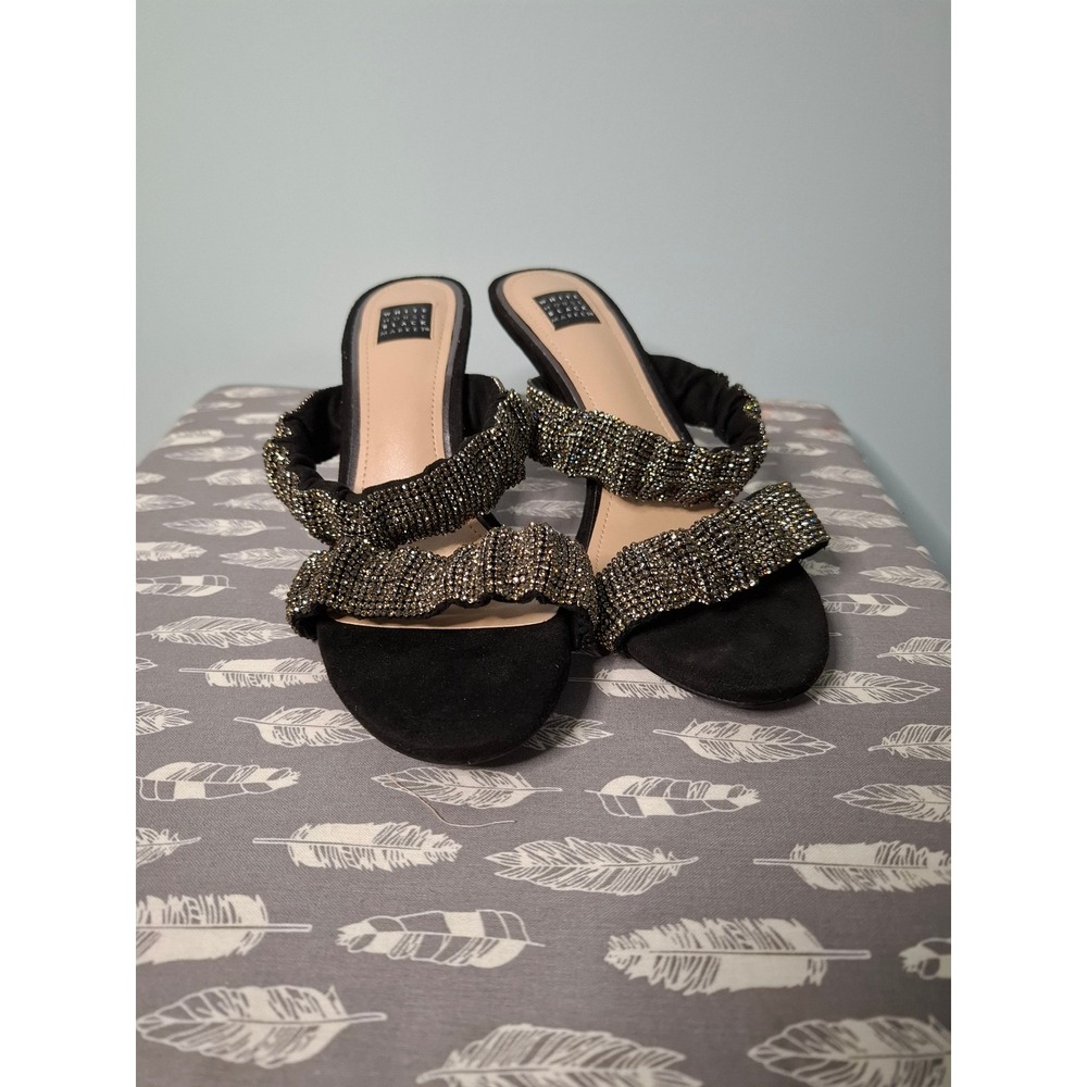 White House Black Market Black Rhinestone Ruched Kitten Heel Sandals Size 7M